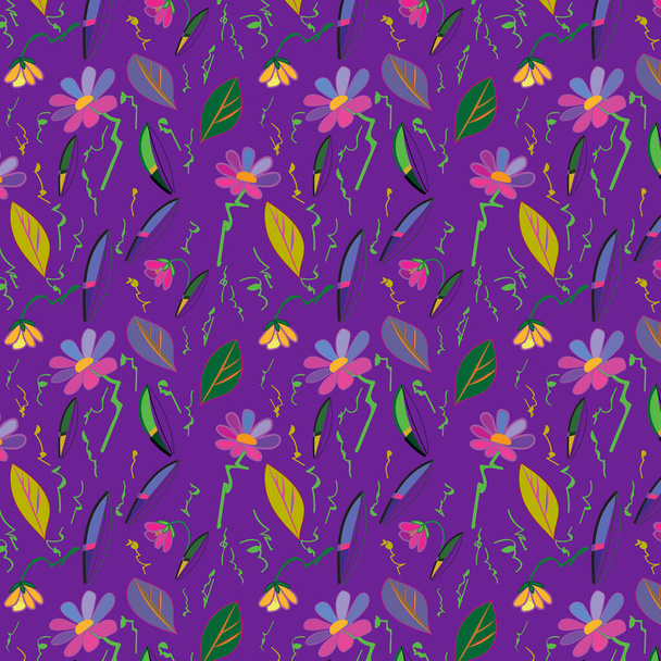 Stylized flower of chamomile and leaves on a purple background for textiles and packaging paper - Vektor, Bild