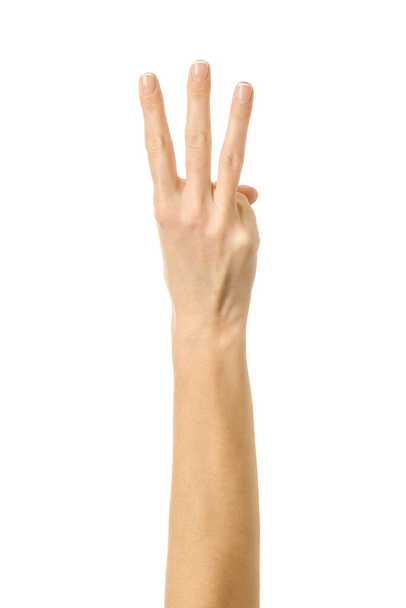 Number three. Woman hand with french manicure gesturing isolated on white background. Part of series - Foto, Bild