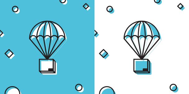 Black Box flying on parachute icon on blue and white background. Parcel with parachute for shipping. Delivery service, air shipping concept, bonus concept. Random dynamic shapes. Vector Illustration - Vector, Image