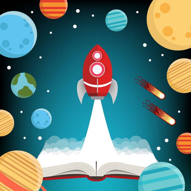 Open book go to galaxy and spaceships. Vector illustration - Vektor, obrázek
