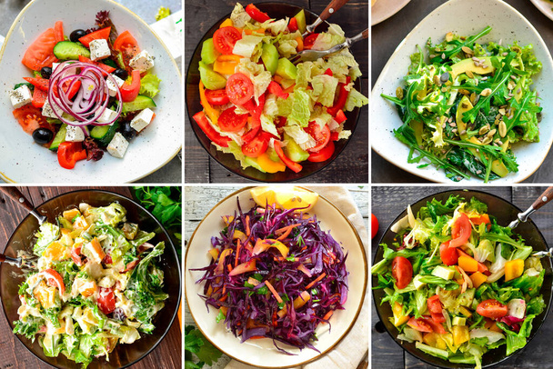Колаж з різних літніх овочевих салатів. Овочевий салат крупним планом. Латтук, помідори, огірки, авокадо, рускола. Вид зверху. Смачна веганська їжа
 - Фото, зображення