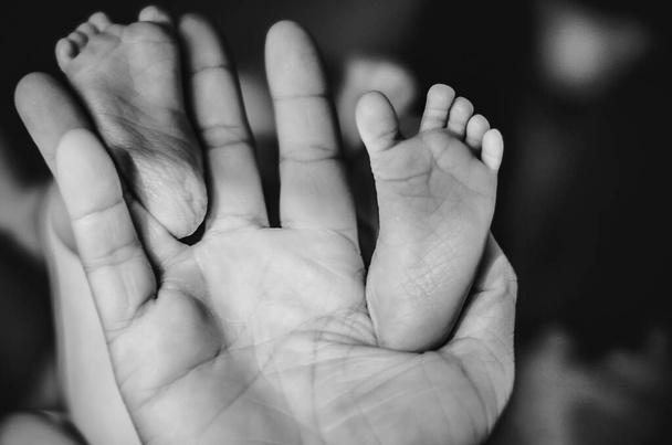 Małe dzieci stóp w tatusiowie silne ręce - Zdjęcie, obraz