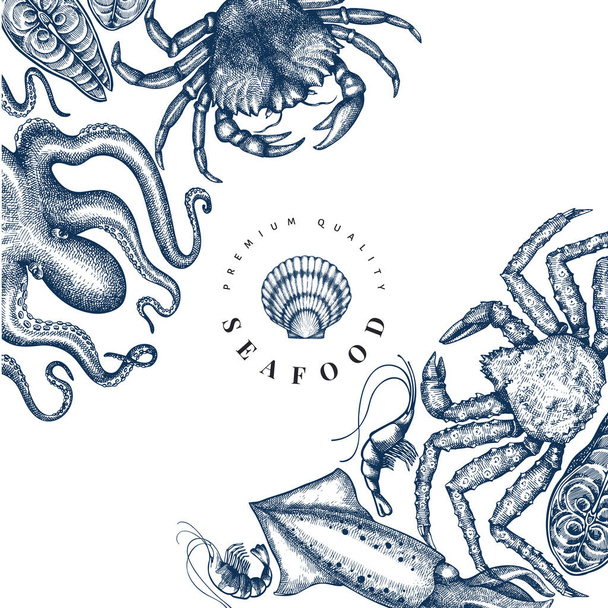 Seafood design template. Hand drawn vector seafood illustration. Engraved style food banner. Vintage sea animals background - Вектор,изображение