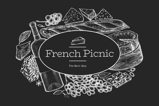 French food illustration design template. Hand drawn vector picnic meal illustrations on chalk board. Engraved style different snack and wine banner. Vintage food background. - Vector, imagen