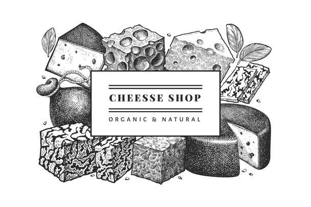 Cheese design template. Hand drawn vector dairy illustration. Engraved style different cheese kinds banner. Vintage food background. - Vetor, Imagem