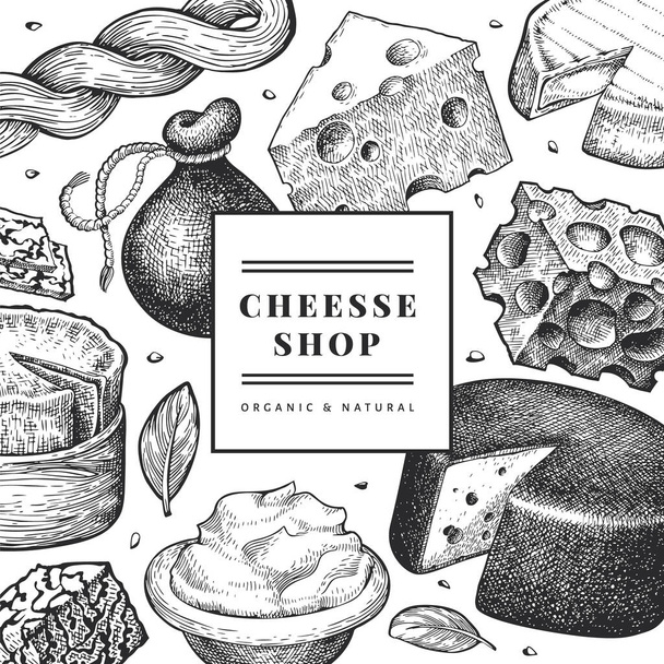 Cheese design template. Hand drawn vector dairy illustration. Engraved style different cheese kinds banner. Vintage food background. - Vetor, Imagem