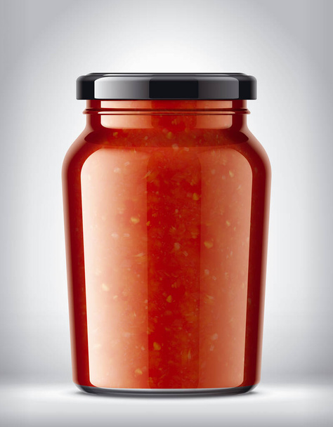 Tarro de vidrio sobre fondo con salsa de tomate
 - Foto, imagen