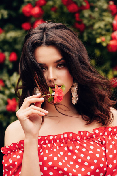 fashion outdoor photo of beautiful sensual woman with dark hair in luxurious dress and accessories posing in summer garden with red roses - Fotó, kép