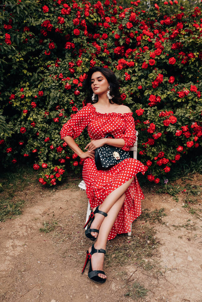fashion outdoor photo of beautiful sensual woman with dark hair in luxurious dress and accessories posing in summer garden with red roses - Foto, imagen