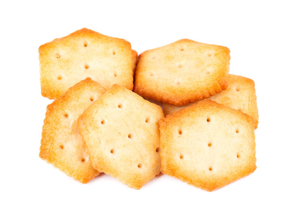 Cracker isolato su sfondo bianco. Biscotti cracker a secco isolati. Spuntini salati isolati. Vista dall'alto
 - Foto, immagini