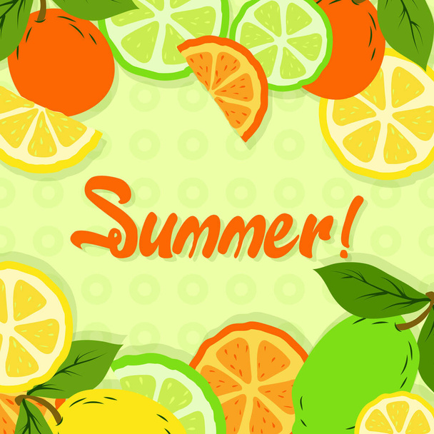 Design template with fresh Slices of orange, lemon, lime on bright background. Hello summer concept label or poster with tropical fruit and typographic text. EPS 10 - Vector, Image