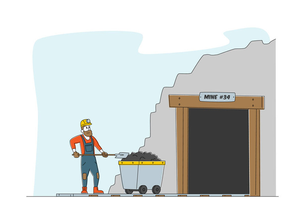 Postać pracownika w mundurze i stojak na hełm przy wejściu do kopalni węgla z wózkiem i łopatą w rękach. Górnik w pracy. Przemysł wydobywczy Zawód, Praca Zawód. Liniowa ilustracja wektora - Wektor, obraz