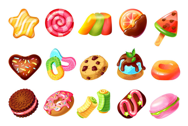 Süßigkeiten und Bonbons. Cartoon bunte Karamell-Lutscher und Kugeln, Schokoladenkuchen Kekse und Donuts. Vektormakronen und Gelee-Desserts - Vektor, Bild