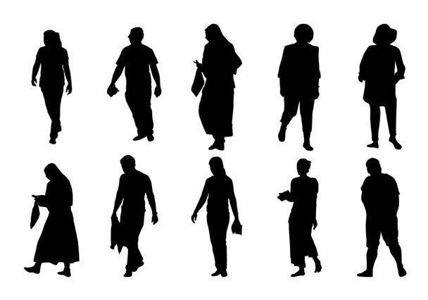 人々のシルエット歩行セット、グループの影別の男性と女性のベクトル  - ベクター画像