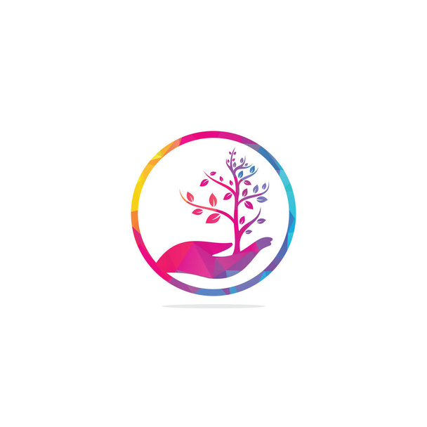 Árbol en la mano diseño del logotipo vector. Logo de productos naturales. Diseño del logo del árbol de mano
 - Vector, Imagen