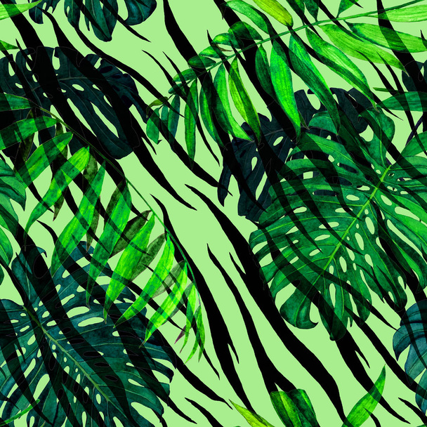 Watercolor seamless pattern with tropical foliage (palm, monstera) on animal background. Jungle foliage print. - 写真・画像