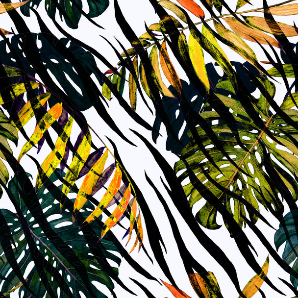 Watercolor seamless pattern with tropical foliage (palm, monstera) on animal background. Jungle foliage print. - 写真・画像