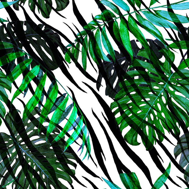 Watercolor seamless pattern with tropical foliage (palm, monstera) on animal background. Jungle foliage print. - Foto, afbeelding