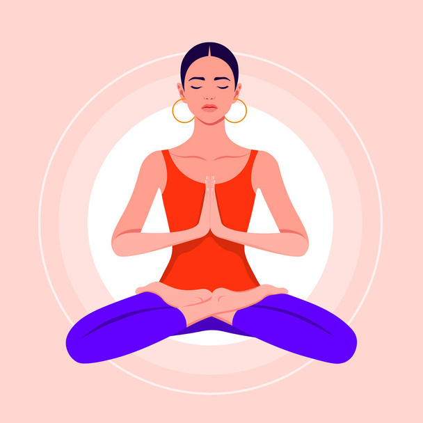 Uma jovem se senta em uma posição de lótus e medita. Menina hispânica pratica ioga e levita. Ilustração plana vetorial
 - Vetor, Imagem