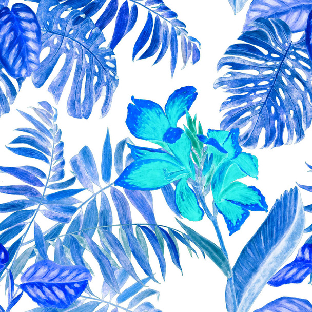 Hawaiian floral seamless pattern with watercolor tropical illustration. Exotic canna flowers and jungle leaves. Vintage summer print. Hand drawn.. - 写真・画像