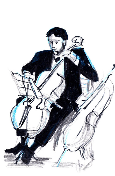 Hand drawn sketch of violoncellist - Photo, Image