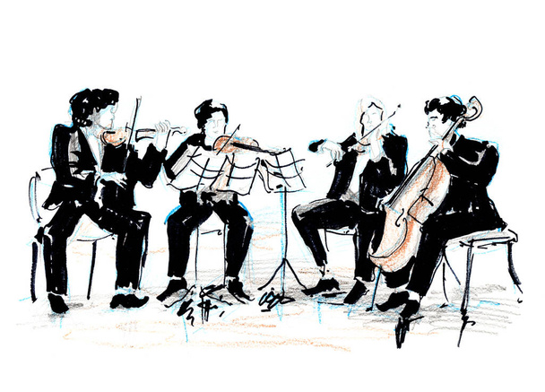 Dibujo dibujado a mano del cuarteto violinista - Foto, Imagen