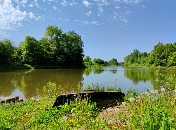 Перевернутая лодка лежит на зеленой траве на берегу пруда на фоне деревьев и голубого неба в солнечный день
 - Фото, изображение