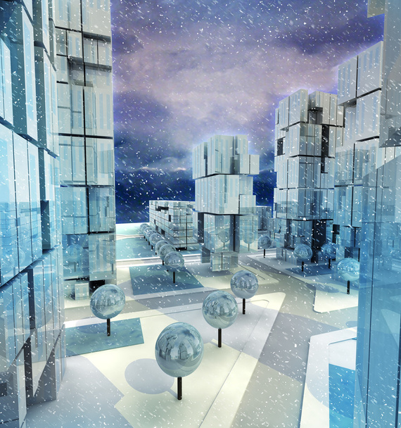 Modern blue alighted city with winter snowfall - Photo, Image
