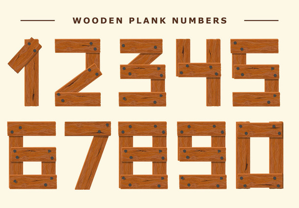 Wood number set, wooden plank numeric font held with nails. Vector - Vektori, kuva