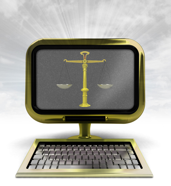 golden metallic computer with justice weight with background flare - Foto, Bild