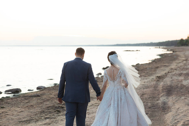 Newly married couple walking away together on the beach - Fotoğraf, Görsel