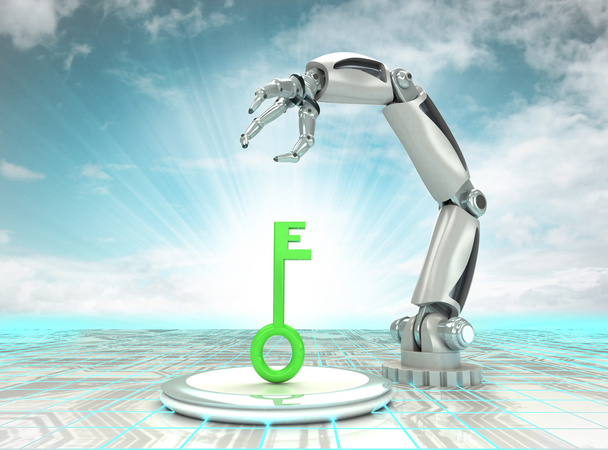 κλειδί για την αυτόματη τεχνολογίες κυβερνητικό ρομποτικό χέρι με συννεφιά - Φωτογραφία, εικόνα