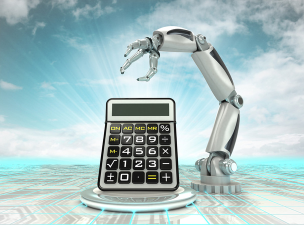 cybernetic robotic hand technological progress calculation with cloudy sky - Photo, Image