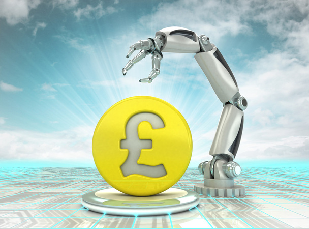 robotic hand investeringen pond munt gebruiken in moderne industrieën met bewolkte hemel - Foto, afbeelding