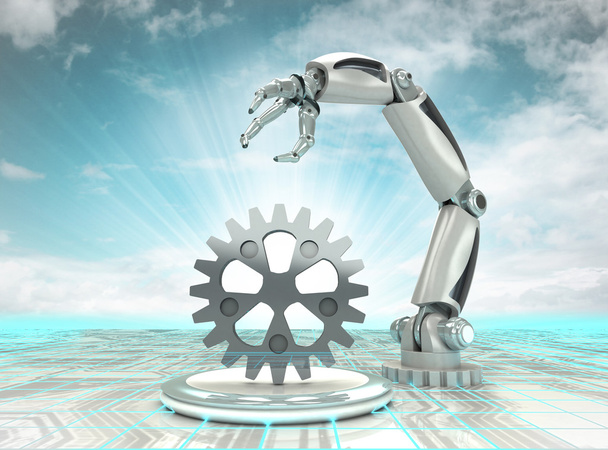 tworzenia cybernetycznych robotów rękę w nowoczesny zautomatyzowany przemysłu z pochmurnego nieba - Zdjęcie, obraz