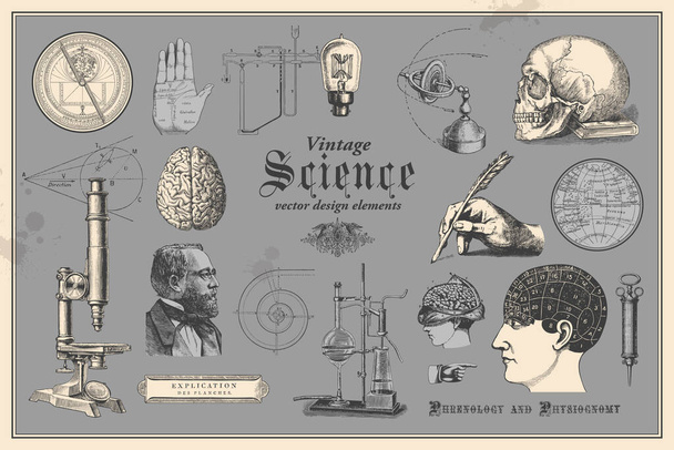 елементи ретро-графічного дизайну: вінтажна наука - збірка вінтажних малюнків з такими дисциплінами, як медицина, френологія, хімія, читання долонь (християнство) та морська навігація
 - Вектор, зображення