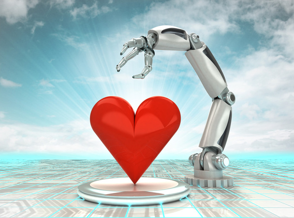 creazione di mano robotica cibernetica industriale di amore artificiale con cielo nuvoloso
 - Foto, immagini