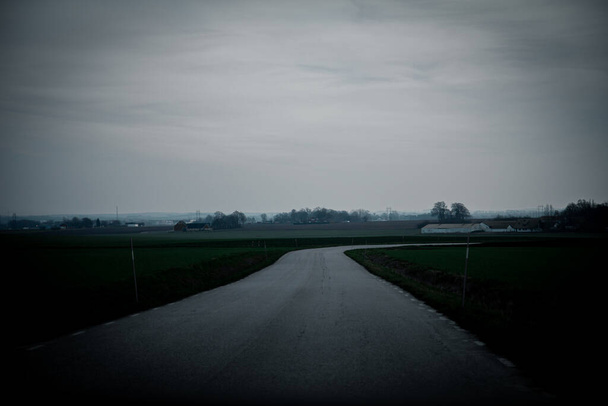 南スウェーデンの暗く暗い冬の日に農地を横断する田舎道 - 写真・画像