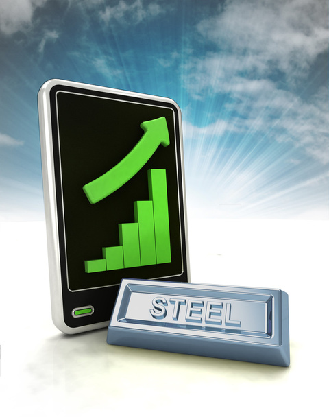 aumento de las estadísticas gráficas de negocio de comercio de acero en la pantalla del teléfono con el cielo
 - Foto, Imagen