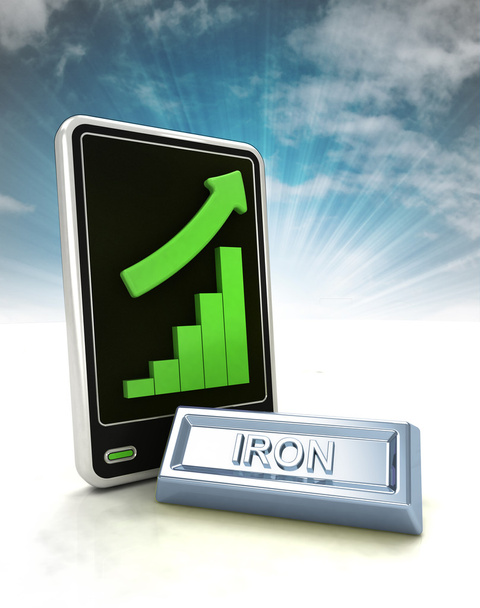 aumento de las estadísticas gráficas de negocio de comercio de hierro en la pantalla del teléfono con el cielo
 - Foto, Imagen