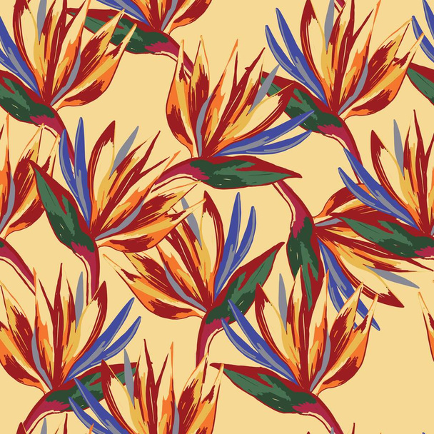Strelitzia reginae crane flower pattern on lemon background. Wallpaper composition with tropical flowers. Perfect for textile, wrapping. - ベクター画像