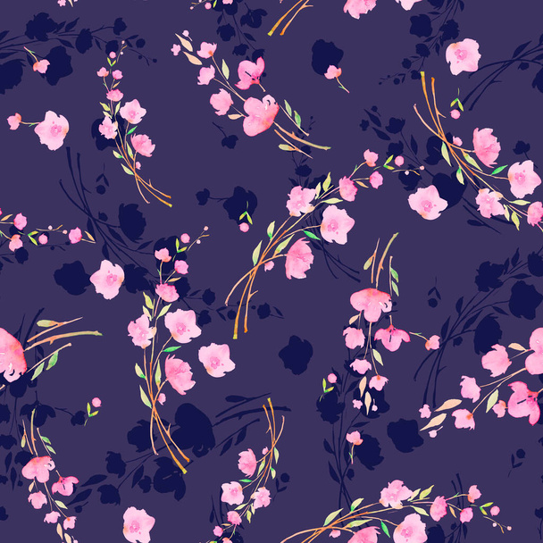 Pink cherry flowers on a dark purple background, sakura, seamless watercolor pattern. Romantic gentle design for packaging paper, wallpaper, websites, fabrics - Photo, image