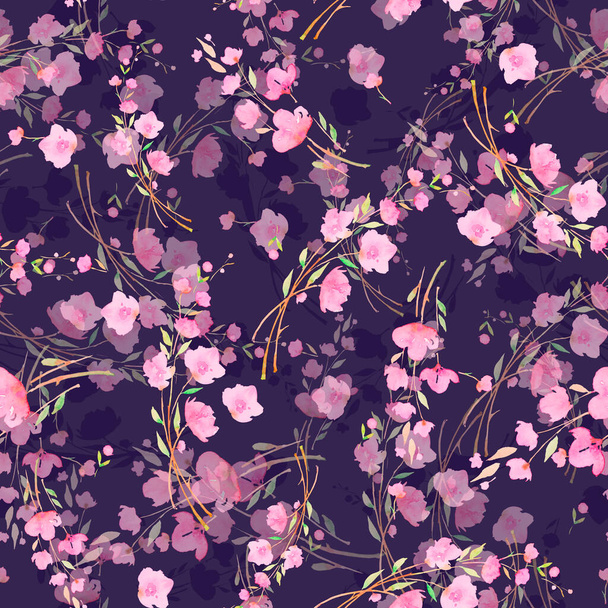 Pink cherry flowers on a dark purple background, sakura, seamless watercolor pattern. Romantic gentle design for packaging paper, wallpaper, websites, fabrics - 写真・画像