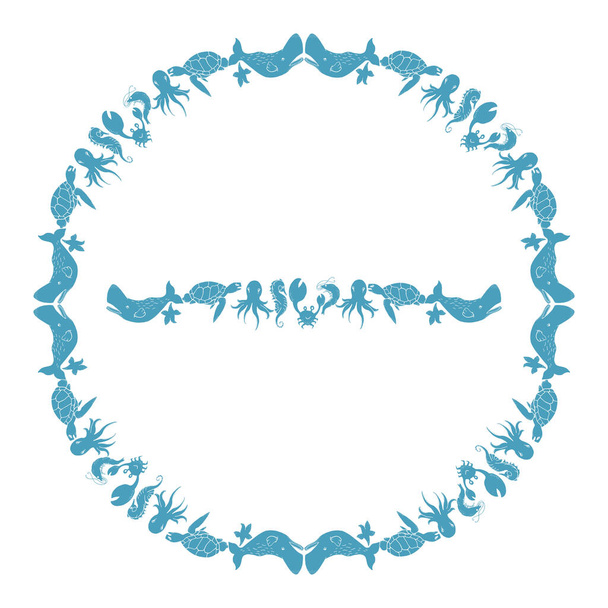 World ocean day. Ocean animals round frame. save the ocean from trash. vector - Vektör, Görsel