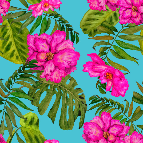 Fantasia floreale hawaiana senza cuciture con foglie e fiori tropicali ad acquerello. Ibisco esotico. Illustrazione colorata disegnata a mano. Stampa estiva tropicale
. - Foto, immagini