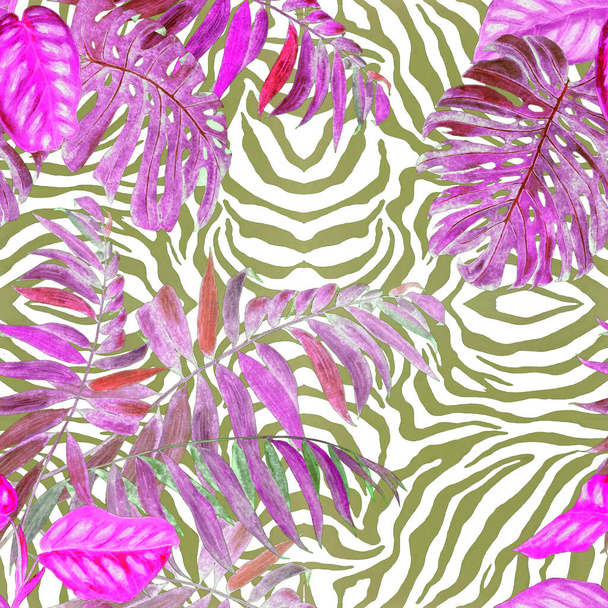 Гавайський квітковий візерунок з акварельними тропічними листками на тваринному фоні. Тропічний літній друк. Розмальована кольорова рука..  - Фото, зображення