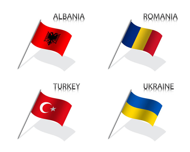 Set of four waving flag of Albania, Romania, Turkey and Ukraine. Simple symbols with flags isolated on a white background - Vektor, Bild