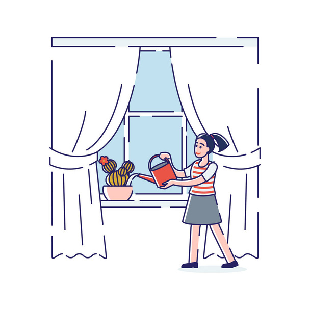 Dibujos animados chica plantas de agua en el alféizar de la ventana con regadera. Concepto de hogar y limpieza
 - Vector, imagen