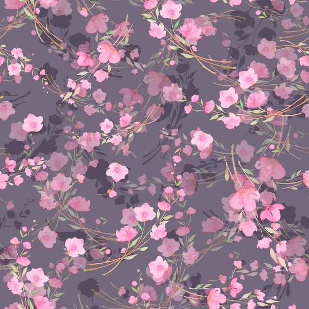 Pink cherry flowers on a grey background, sakura, seamless watercolor pattern. Romantic gentle design for packaging paper, wallpaper, websites, fabrics - 写真・画像
