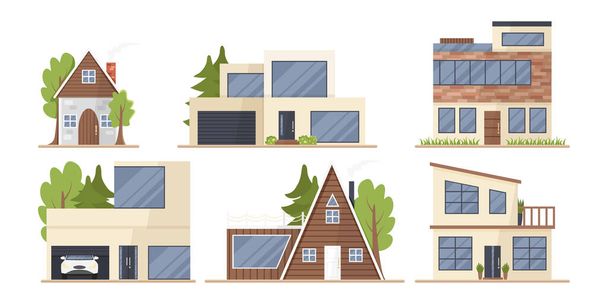 Vector set van schattige huizen in cartoon platte stijl geïsoleerd. Illustratie van residentiële eco-gebouwen, vooraanzicht. Collectie van variëteit familie condominium. Buiten en buiten in minimalistische stijl - Vector, afbeelding